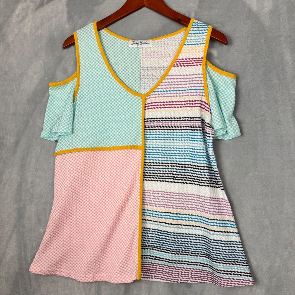 Jenny Boston Cold Shoulder Top Womens L Multicolor Short Sleeve Mixed Print Knit